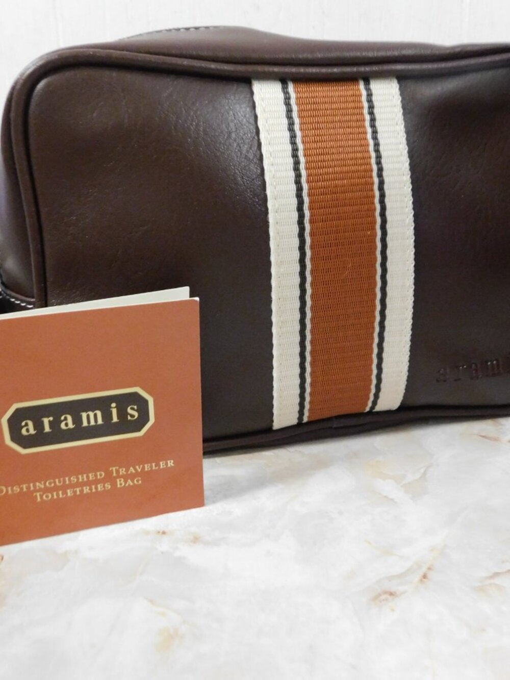 ARAMIS Distinguished Traveler Brown Stripe Faux Leather Toiletry Travel Bag(NWT)